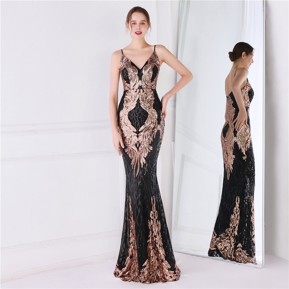 Wings Pattern Sequin Mesh Strappy Gown - Lady Occasions