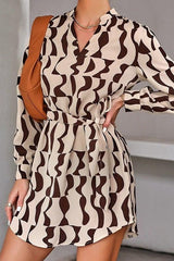 Digital Printed V-neck Tie High Waist Dress