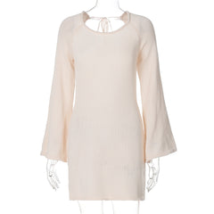Solid Color Woolen Bell Sleeve Loose Backless