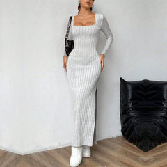 Simple Elegant Dress  Square Collar Backless Long Sleeve Mid Length Dress