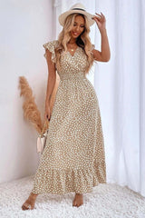 V-Neck Ruffle Sleeve High Waist Dress