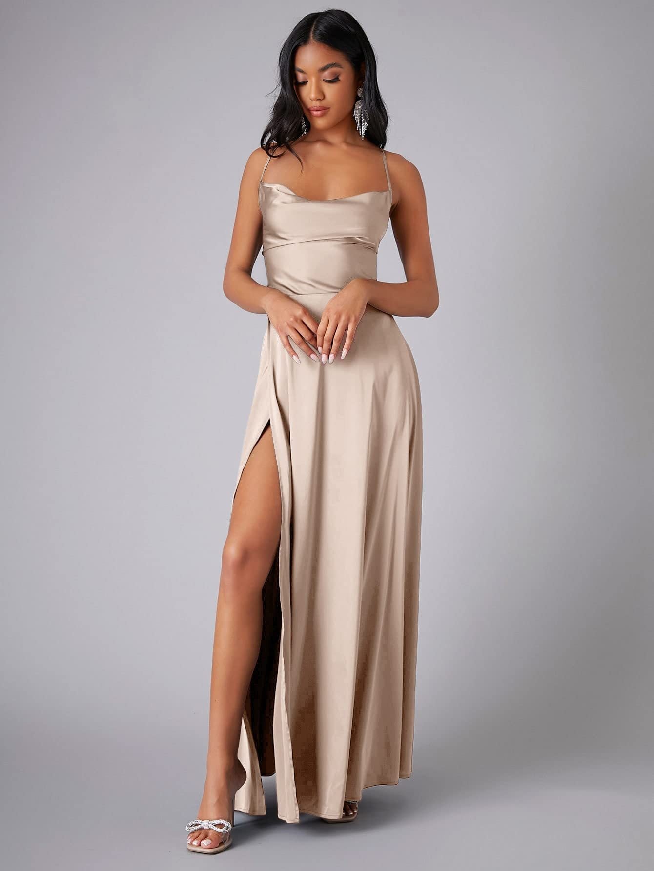 Lola High Stylish Slit Satin Dress