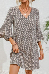 V-Neck Flared Three-Quarter Sleeve Short Dress