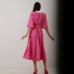 Floral Print Slit Tight Waist A line Dress Elegant Short Sleeve Doll Collar Dress