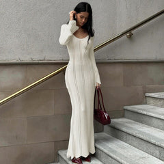Solid Color Woolen Dress Long Sleeve U Collar Slim Fit Dress