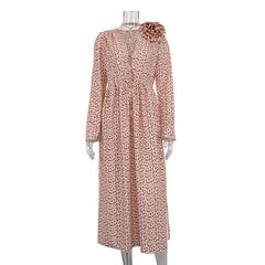 Early Floral Dress Deep V Plunge-neck Lace Up Waist Side Slit Dress
