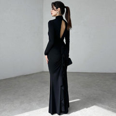 High Collar Hollow Out Cutout Slim Pleated Solid Color Long Sleeve