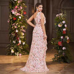 Diagonal Collar Tube Top Printed Dress High Slit Irregular Asymmetric Hem Dress