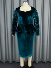 Elegant Long Sleeve Beaded Dress  Flannel High Waist Dress