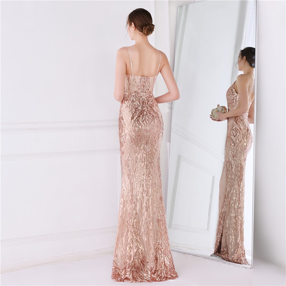 Wings Pattern Sequin Charming Mesh Strappy Gown