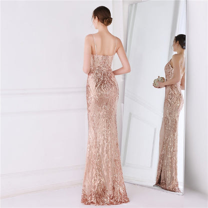 Wings Pattern Sequin Charming Mesh Strappy Gown