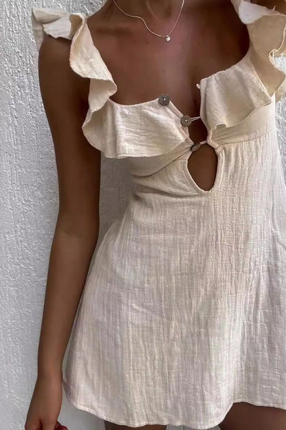 U-Neck Lotus Leaf Lace Short Mini Dress