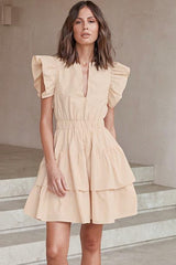 Hollow cake skirt U-neck lotus leaf sleeves cotton dress