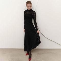 Lace Stitching Pleated Slim Fit Long Sleeve Oblique Strap Inner Dress
