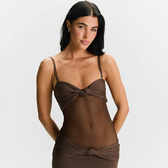 Detachable Shoulder Strap Twist Mesh Slim Fit Dress