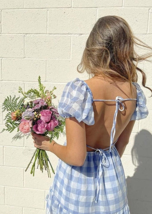 Gingham Puff Open Back Mini Dress