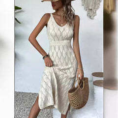 Hollow Out Cutout out See through Vacation Solid Color Backless Knitted Dress for