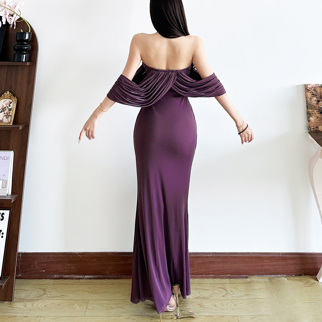 Off-the-shoulder flowing evening dress