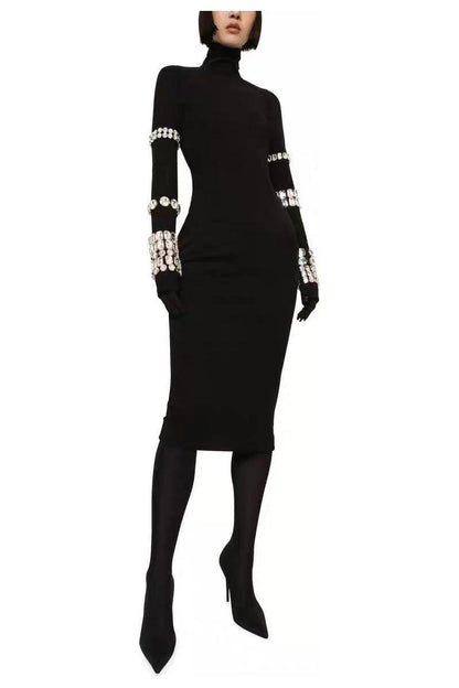 Diamond black high collar long sleeve tight dress