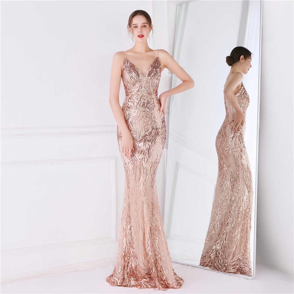 Wings Pattern Sequin Mesh Strappy Gown - Lady Occasions