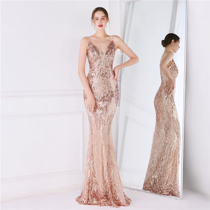 Wings Pattern Sequin Mesh Strappy Gown - Lady Occasions