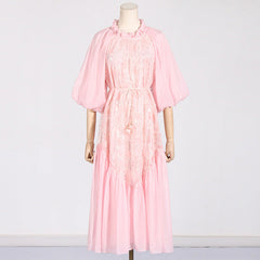 round Neck Wooden Ear Embroidery Tie Neck Slim Waist Solid Color Dress