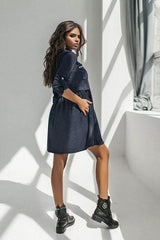 Straps button roll sleeve casual dress