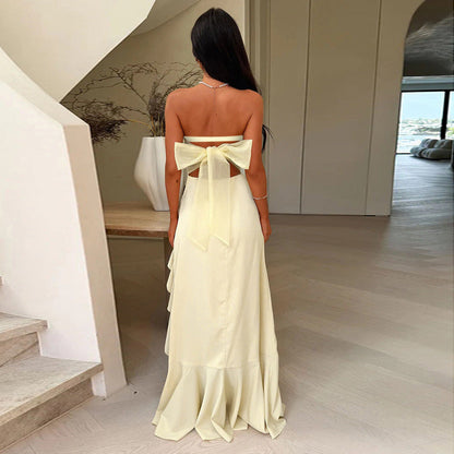 Strapless ruffled slit dress