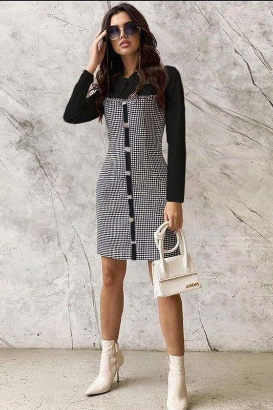 Print plaid stitching shirt dress