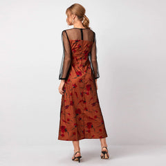 round Neck Long Sleeve Elastic Waist Long Patchwork Elegant Dress