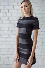 PU leather stitching stripes slim dress