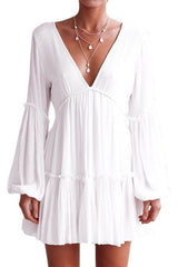 Deep V Neck Lantern Long Sleeve Dress