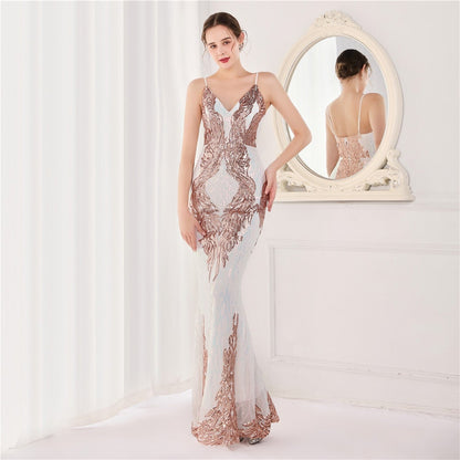 Wings Pattern Sequin Mesh Strappy Gown - Lady Occasions