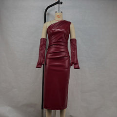 Crossbody Leather Dress Tight Wrapped Chest Pleated Sheath Split Dress