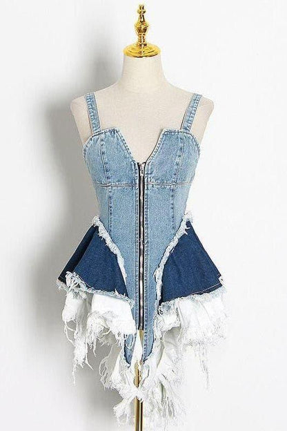 lotus leaf stitching slim blue denim dress