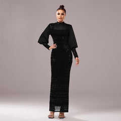High Grade Long Sleeved round Neck Cocktail Sequined Hip Split Evening Dress Bridesmaid Dress