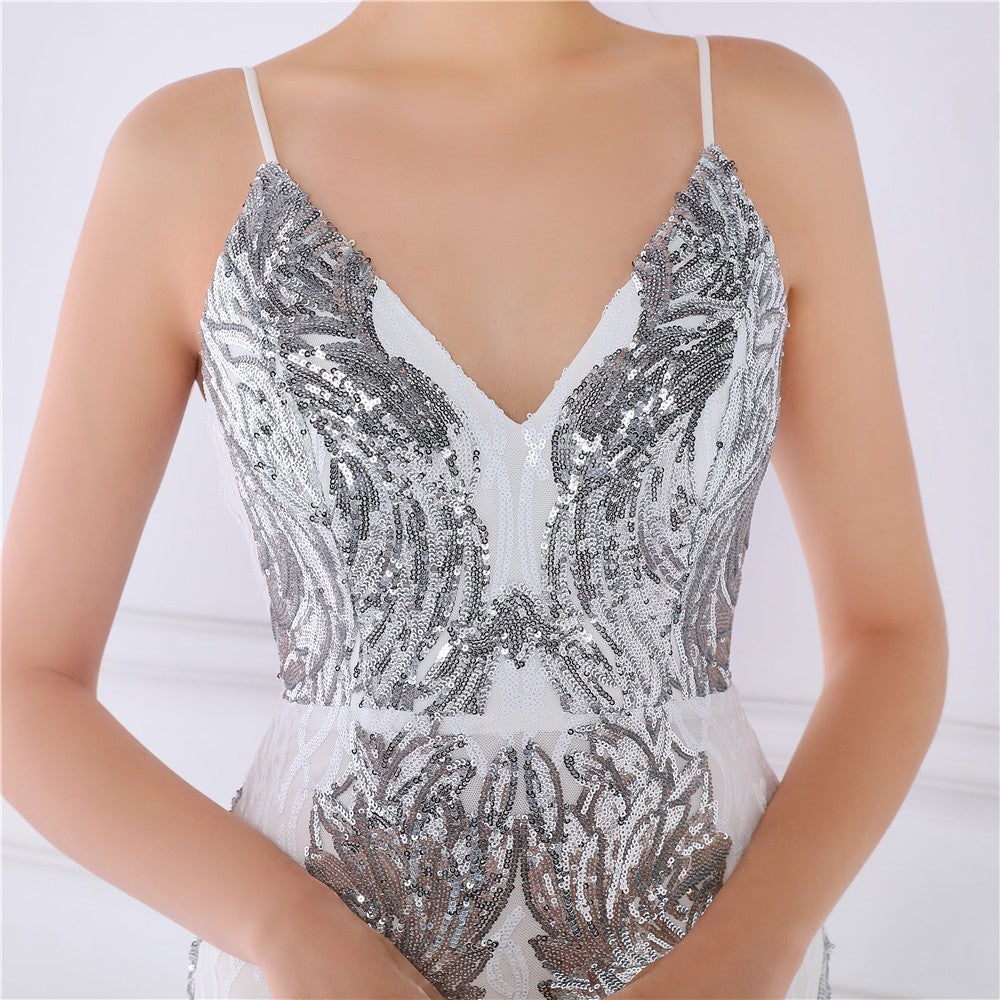 Wings Pattern Sequin Charming Mesh Strappy Gown