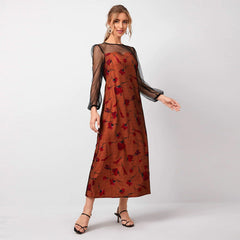 round Neck Long Sleeve Elastic Waist Long Patchwork Elegant Dress