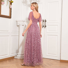 Elegant See through Short Sleeve V neck U Back Evening Dress A line Embroidery Mesh Full Lining Dress