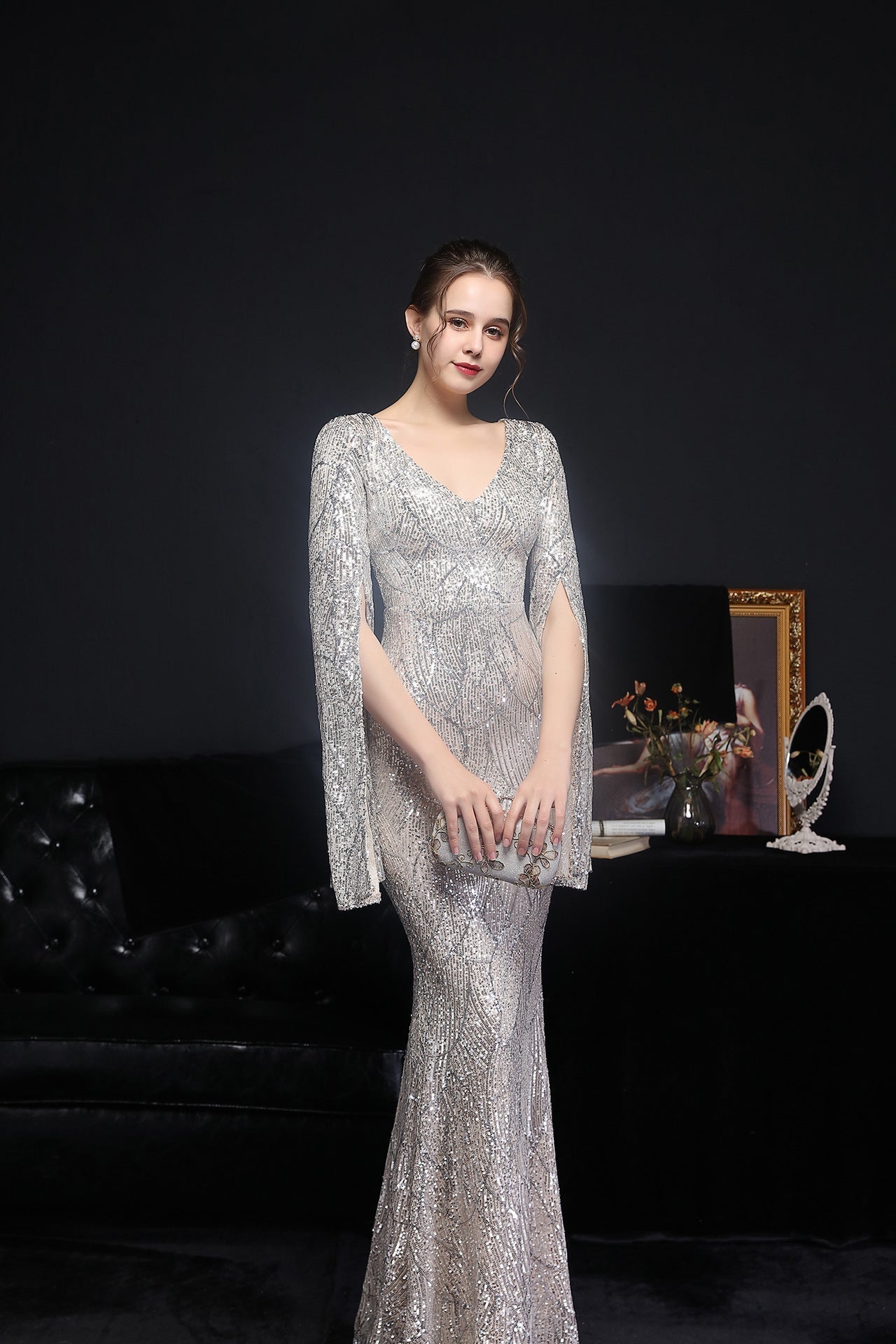 Natalie Open Sleeve Formal Sequined Mermaid Dress - Lady Occasions