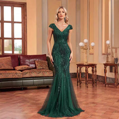 Green Beaded Dress Long Slim Fishtail Bridesmaid Cocktail Evening Dress for