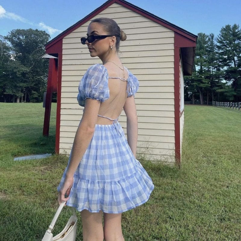 Gingham Puff Open Back Mini Dress