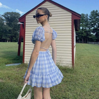 Gingham Puff Open Back Mini Dress