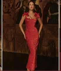 Entry Lux Bow High Sense Embroidered Hollow Out Cutout Sheath Dress