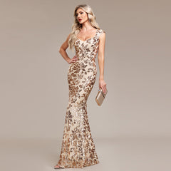 Quality Sweet Square Collar Formal Mermaid Rose Gold Pattern Sequined Sleeveless Party Evening Dress