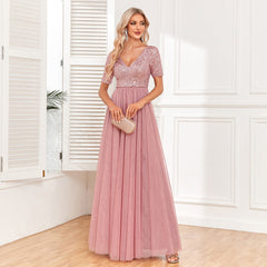 Elegant Short Sleeve Stitching Double V Neck A Line Tulle Evening Dress A Swing Sequined Dress