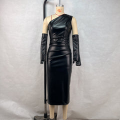 Crossbody Leather Dress Tight Wrapped Chest Pleated Sheath Split Dress