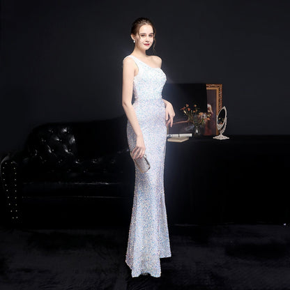 Heary dazzling sequined Charming one-shoulder asymmetric dress