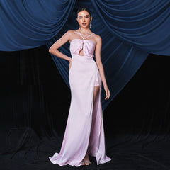 Sleeveless Elegant off-Neck Halter Long Slit Cocktail Evening Dress Bridesmaid Dress