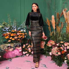 High Grade Long Sleeved round Neck Cocktail Sequined Hip Split Evening Dress Bridesmaid Dress